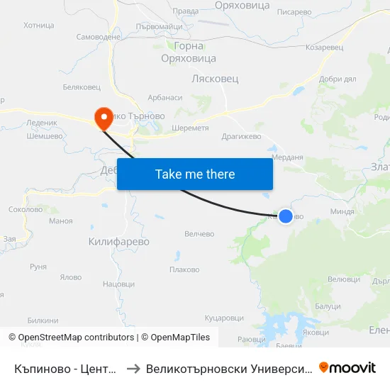 Къпиново - Център / Kapinovo - Centre to Великотърновски Университет ""Св. Св. Кирил И Методий"" map