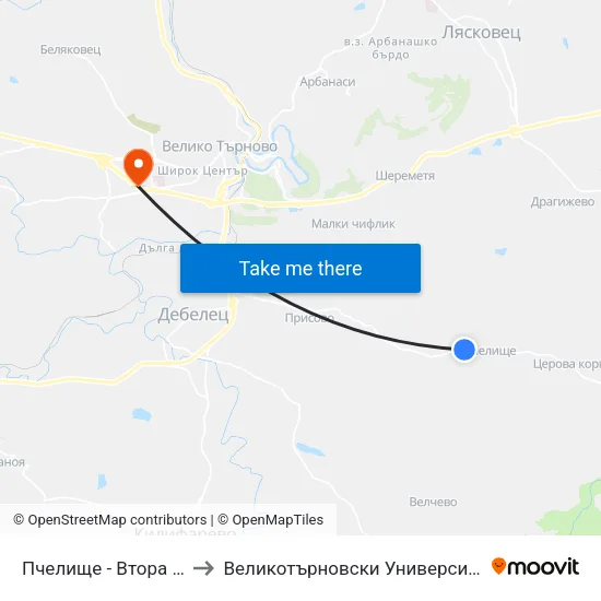 Пчелище - Втора / Pchelishte - Second to Великотърновски Университет ""Св. Св. Кирил И Методий"" map