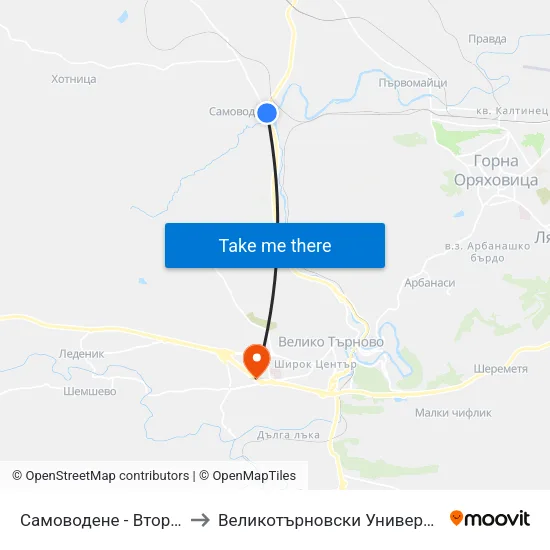 Самоводене - Втора / Samovodene - Second to Великотърновски Университет ""Св. Св. Кирил И Методий"" map