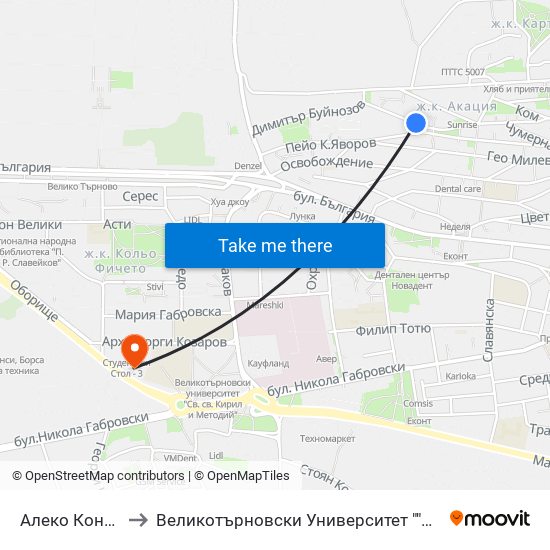 Алеко Константинов / Aleko Konstantinov to Великотърновски Университет ""Св. Св. Кирил И Методий"" map