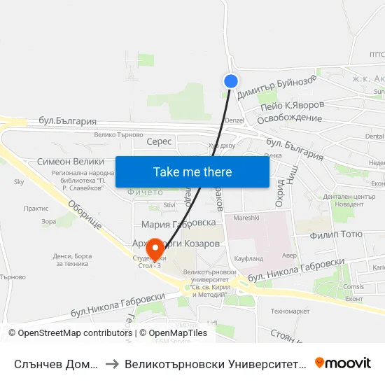 Слънчев Дом / Sunny Home to Великотърновски Университет ""Св. Св. Кирил И Методий"" map