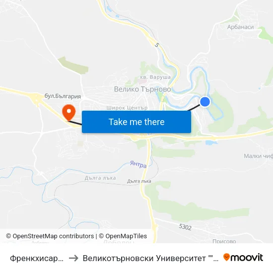 Френкхисар / Frankhisar to Великотърновски Университет ""Св. Св. Кирил И Методий"" map