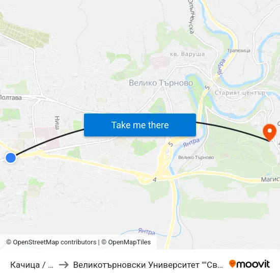 Качица / Kachitsa to Великотърновски Университет ""Св. Св. Кирил И Методий"" map