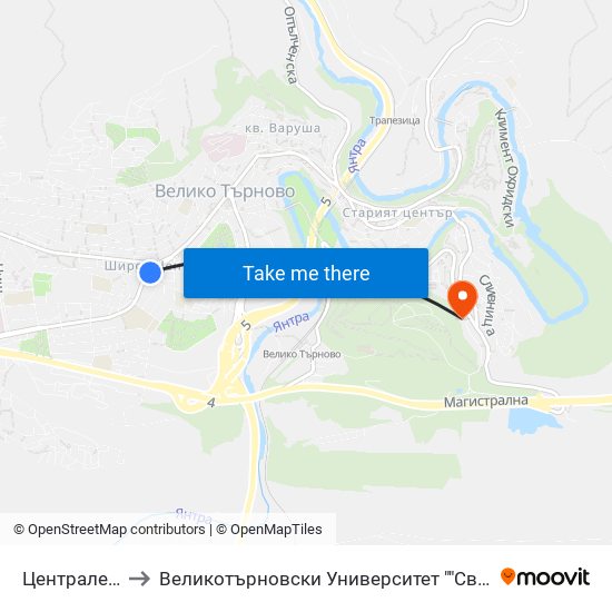 Централен Пазар / Central Market to Великотърновски Университет ""Св. Св. Кирил И Методий"" map