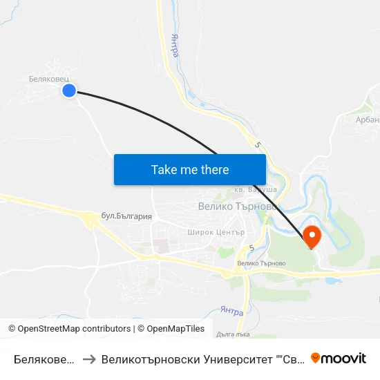 Беляковец - Втора to Великотърновски Университет ""Св. Св. Кирил И Методий"" map