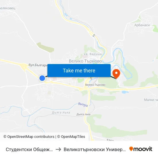 Студентски Общежития / Student Dormitories to Великотърновски Университет ""Св. Св. Кирил И Методий"" map