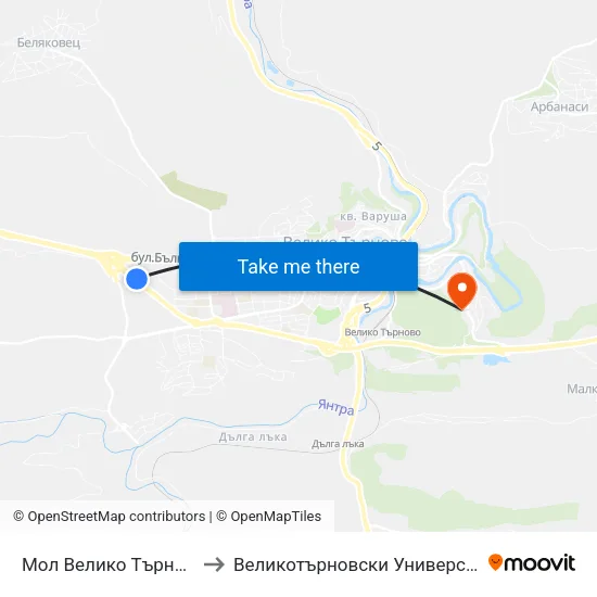 Мол Велико Търново / Mall Veliko Tarnovo to Великотърновски Университет ""Св. Св. Кирил И Методий"" map
