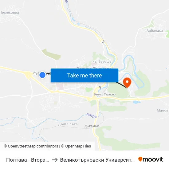 Полтава - Втора / Poltava - Second to Великотърновски Университет ""Св. Св. Кирил И Методий"" map