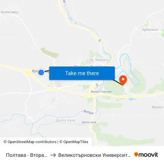Полтава - Втора / Poltava - Second to Великотърновски Университет ""Св. Св. Кирил И Методий"" map