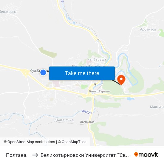 Полтава - Трета / Poltava - Third to Великотърновски Университет ""Св. Св. Кирил И Методий"" map