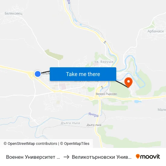 Военен Университет - Първа / Military University - First to Великотърновски Университет ""Св. Св. Кирил И Методий"" map