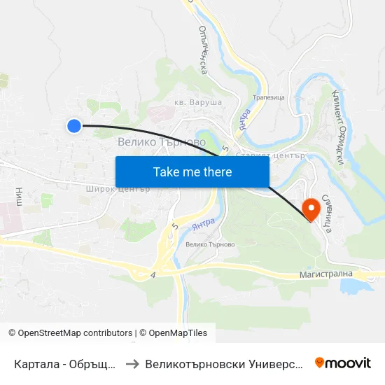 Картала - Обръщало / Kartala Terminus to Великотърновски Университет ""Св. Св. Кирил И Методий"" map