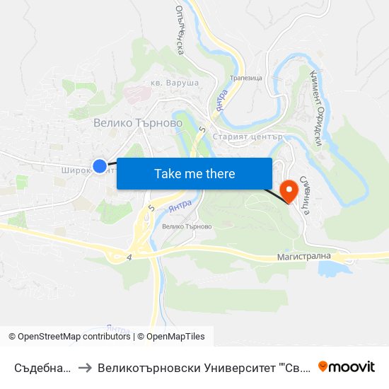 Съдебна Палата / Court Of Justice to Великотърновски Университет ""Св. Св. Кирил И Методий"" map