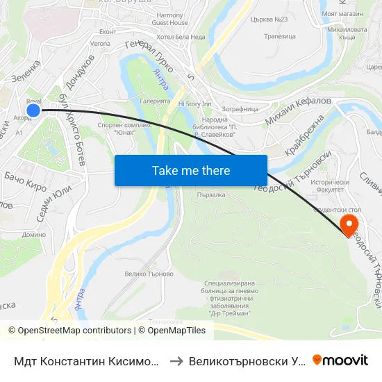 Мдт Константин Кисимов / Konstantin Kisimov Musical And Dramatic Theatre to Великотърновски Университет ""Св. Св. Кирил И Методий"" map