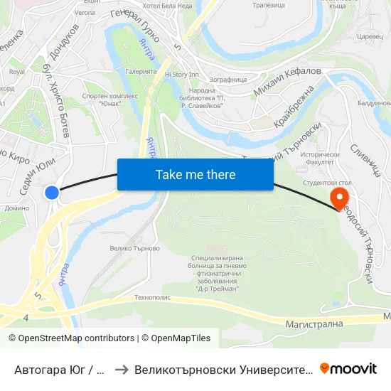 Автогара Юг / South Bus Station to Великотърновски Университет ""Св. Св. Кирил И Методий"" map