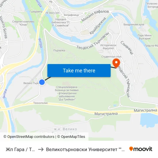 Жп Гара / Train Station to Великотърновски Университет ""Св. Св. Кирил И Методий"" map