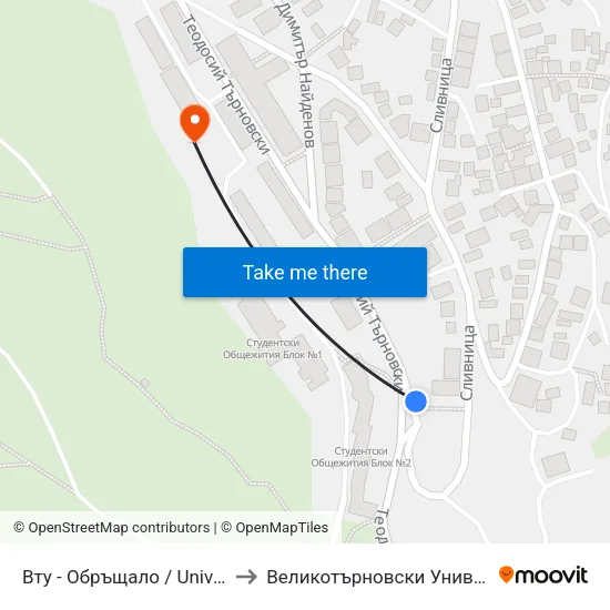 Вту - Обръщало / University Of Veliko Tarnovo - Terminus to Великотърновски Университет ""Св. Св. Кирил И Методий"" map