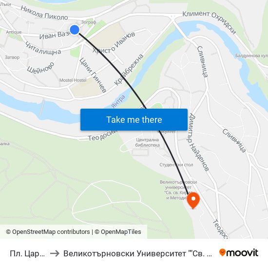 Пл. Цар Асен I to Великотърновски Университет ""Св. Св. Кирил И Методий"" map