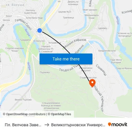 Пл. Велчова Завера / Velchova Zavera Sq. to Великотърновски Университет ""Св. Св. Кирил И Методий"" map