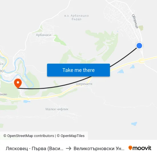 Лясковец - Първа (Васил Левски) / Lyaskovets - First (Vasil Levski) to Великотърновски Университет ""Св. Св. Кирил И Методий"" map