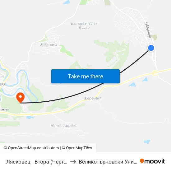 Лясковец - Втора (Чертовец) / Lyaskovets - Second (Chertovets) to Великотърновски Университет ""Св. Св. Кирил И Методий"" map