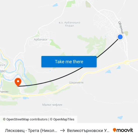Лясковец - Трета (Никола Усенлиев) / Lyaskovets - Third (Nikola Usenliev) to Великотърновски Университет ""Св. Св. Кирил И Методий"" map