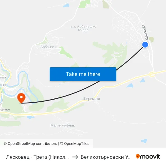Лясковец - Трета (Никола Усенлиев) / Lyaskovets - Third (Nikola Usenliev) to Великотърновски Университет ""Св. Св. Кирил И Методий"" map