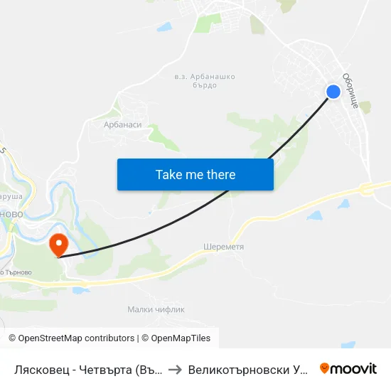 Лясковец - Четвърта (Възраждане) / Lyaskovets - Fourth (Vazrazhdane) to Великотърновски Университет ""Св. Св. Кирил И Методий"" map