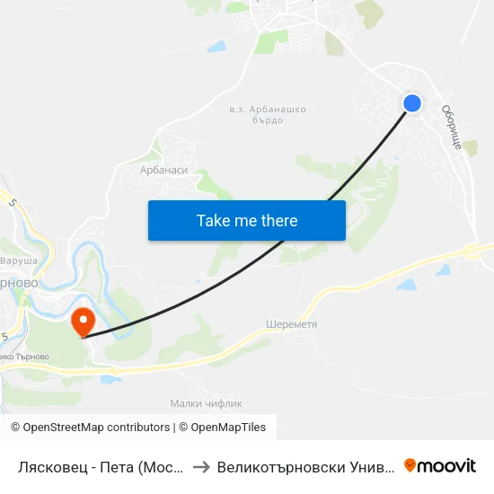 Лясковец - Пета (Моста) / Lyaskovets - Fifth (The Bridge) to Великотърновски Университет ""Св. Св. Кирил И Методий"" map