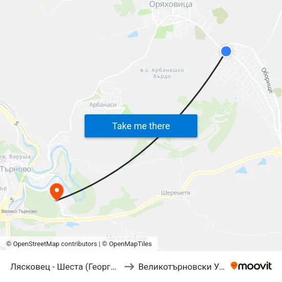 Лясковец - Шеста (Георги Бенковси) / Lyaskovets - Sixth (Georgi Benkovski) to Великотърновски Университет ""Св. Св. Кирил И Методий"" map