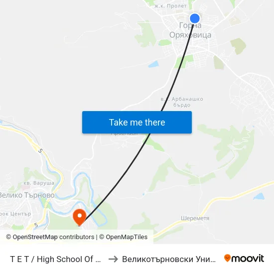 Т Е Т / High School Of Electrical Engineering And Electronics to Великотърновски Университет ""Св. Св. Кирил И Методий"" map