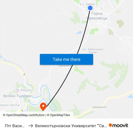 Птг Васил Левски to Великотърновски Университет ""Св. Св. Кирил И Методий"" map