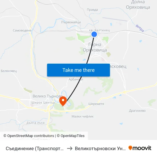 Съединение (Транспортна Болница) / Saedinenie (Transport Hospital) to Великотърновски Университет ""Св. Св. Кирил И Методий"" map