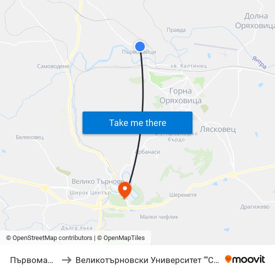 Първомайци - Пета to Великотърновски Университет ""Св. Св. Кирил И Методий"" map