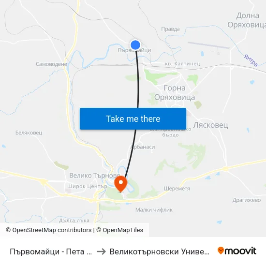 Първомайци - Пета (Съвет) / Parvomaytsi - Fifth to Великотърновски Университет ""Св. Св. Кирил И Методий"" map