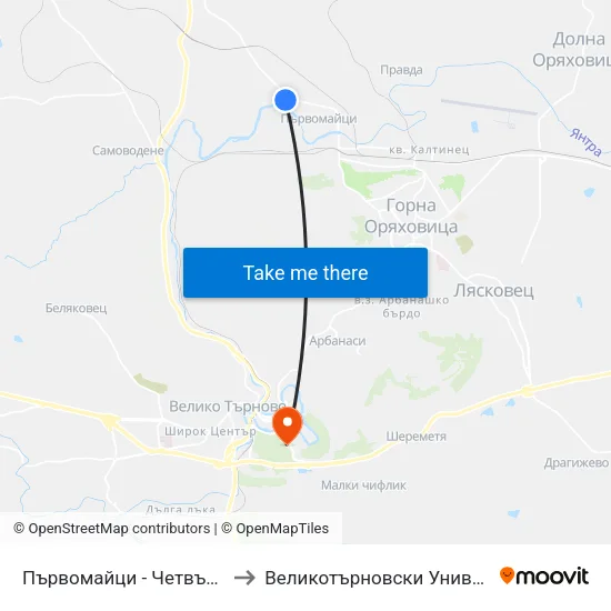 Първомайци - Четвърта (С У М) / Parvomaytsi - Fourth to Великотърновски Университет ""Св. Св. Кирил И Методий"" map