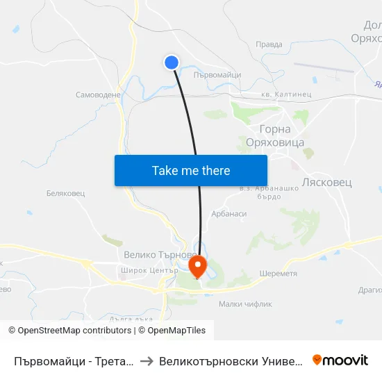 Първомайци - Трета (Стола) / Parvomaytsi - Third to Великотърновски Университет ""Св. Св. Кирил И Методий"" map