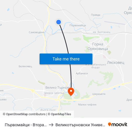 Първомайци - Втора (Ткзс) / Parvomaytsi - Second to Великотърновски Университет ""Св. Св. Кирил И Методий"" map