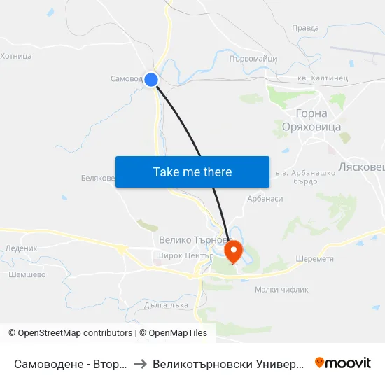 Самоводене - Втора / Samovodene - Second to Великотърновски Университет ""Св. Св. Кирил И Методий"" map