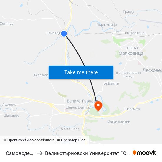 Самоводене - Втора to Великотърновски Университет ""Св. Св. Кирил И Методий"" map