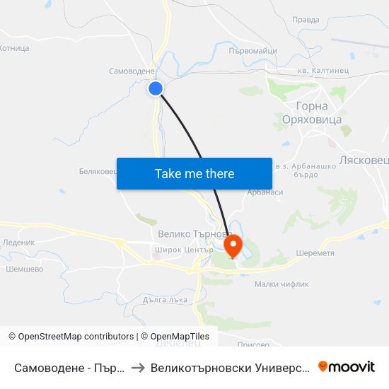 Самоводене - Първа / Samovodene - First to Великотърновски Университет ""Св. Св. Кирил И Методий"" map