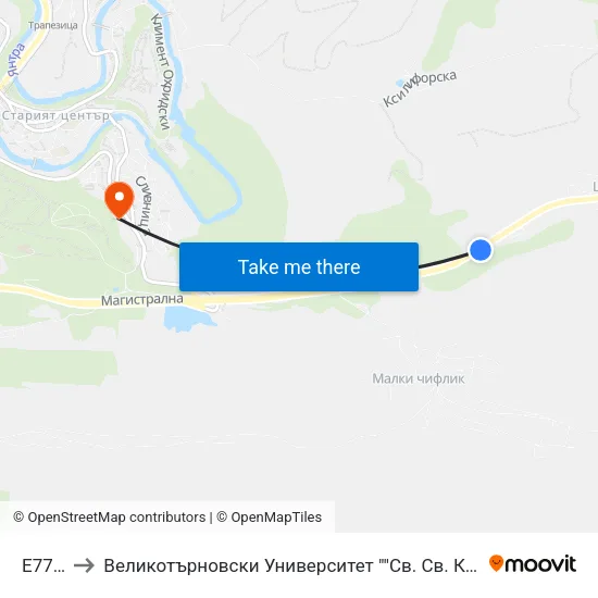Е772/4 to Великотърновски Университет ""Св. Св. Кирил И Методий"" map