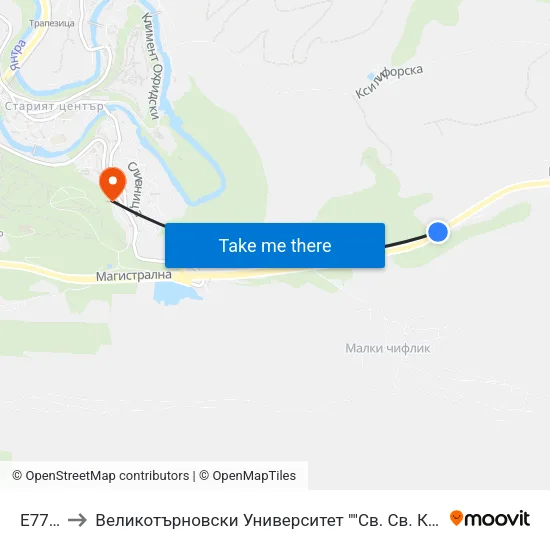 Е772/4 to Великотърновски Университет ""Св. Св. Кирил И Методий"" map