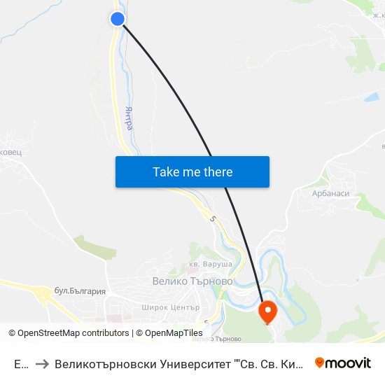 E85 to Великотърновски Университет ""Св. Св. Кирил И Методий"" map