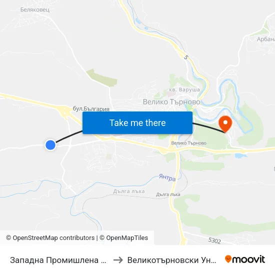 Западна Промишлена Зона - Първа / West Industrial Zone - First to Великотърновски Университет ""Св. Св. Кирил И Методий"" map