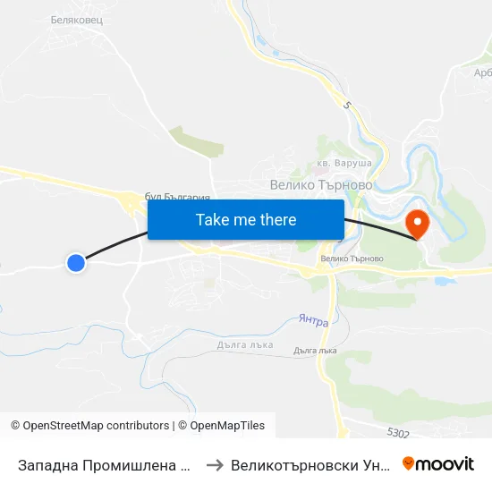Западна Промишлена Зона - Втора / West Industrial Zone - Second to Великотърновски Университет ""Св. Св. Кирил И Методий"" map