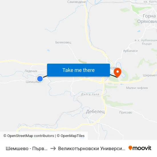 Шемшево - Първа / Shemshevo - First to Великотърновски Университет ""Св. Св. Кирил И Методий"" map