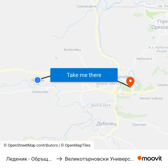 Леденик - Обръщало / Ledenik - Terminus to Великотърновски Университет ""Св. Св. Кирил И Методий"" map
