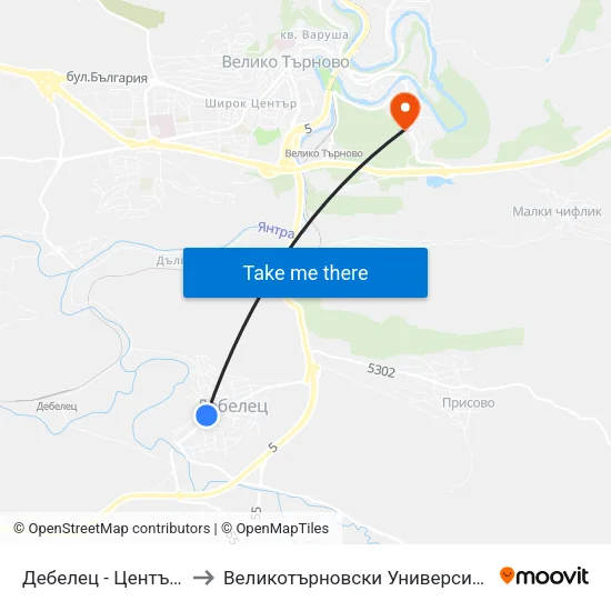 Дебелец - Център / Debelets - Centre to Великотърновски Университет ""Св. Св. Кирил И Методий"" map