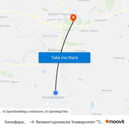 Килифарево - Втора / Kilifarovo - Second to Великотърновски Университет ""Св. Св. Кирил И Методий"" map